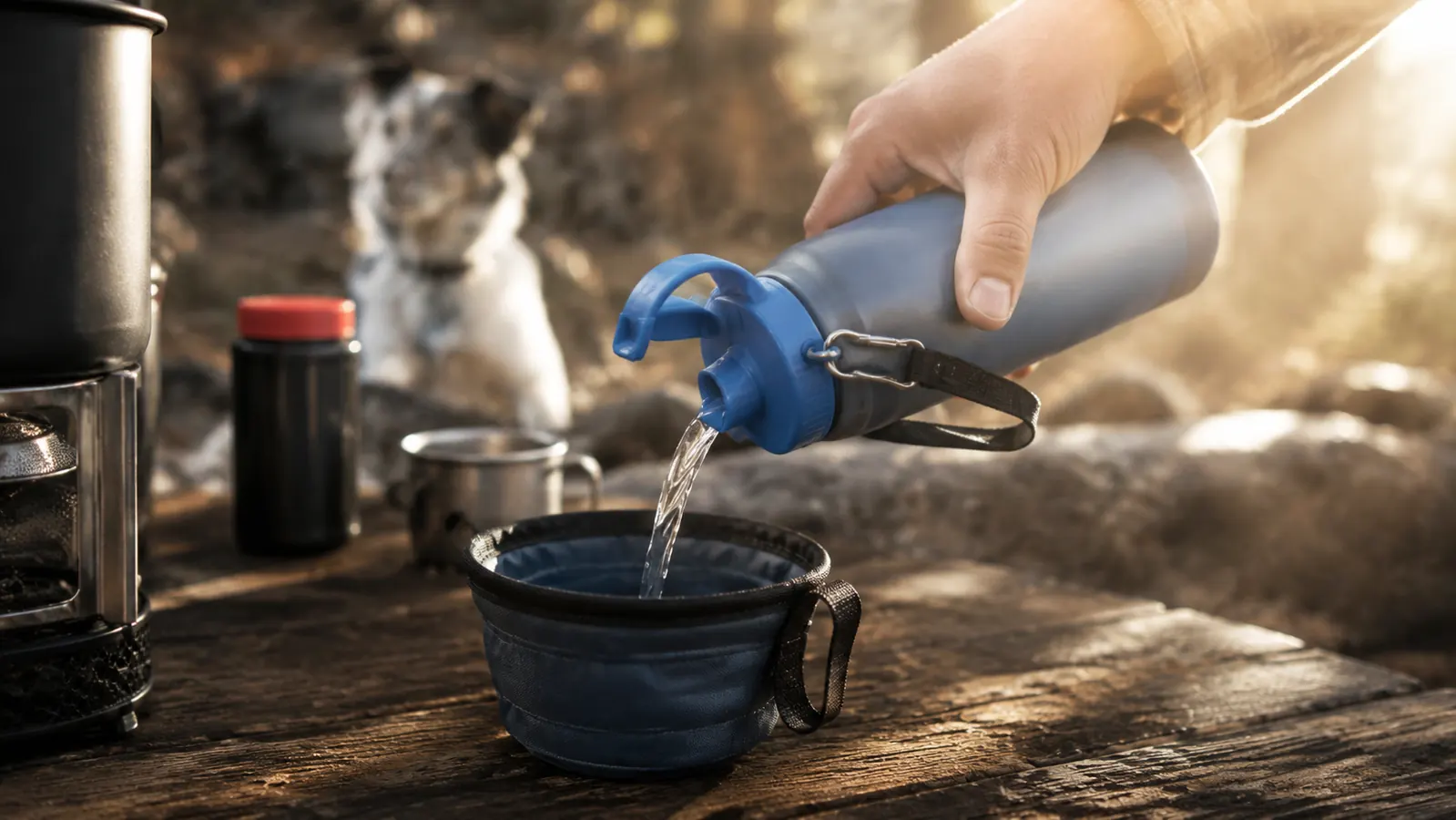 Hand pouring a thin stream of water from the Kalimdor dog water bottle into an empty collapsible bowl at a campsite
