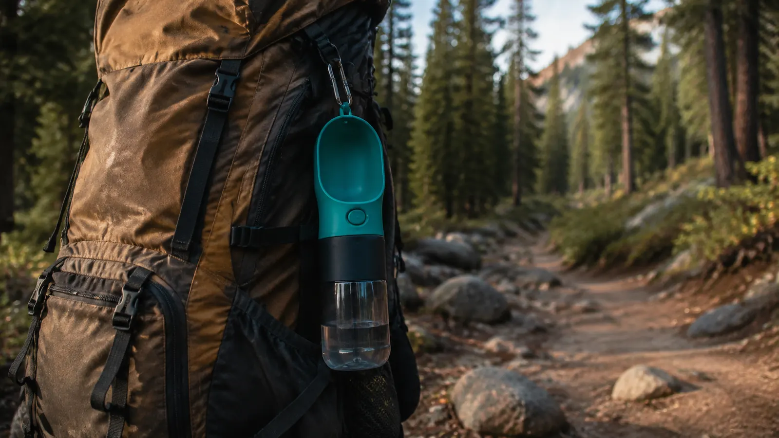 Grey and blue Kalimdor dog water bottle clipped to a hiking pack beside a trailhead sign in morning light