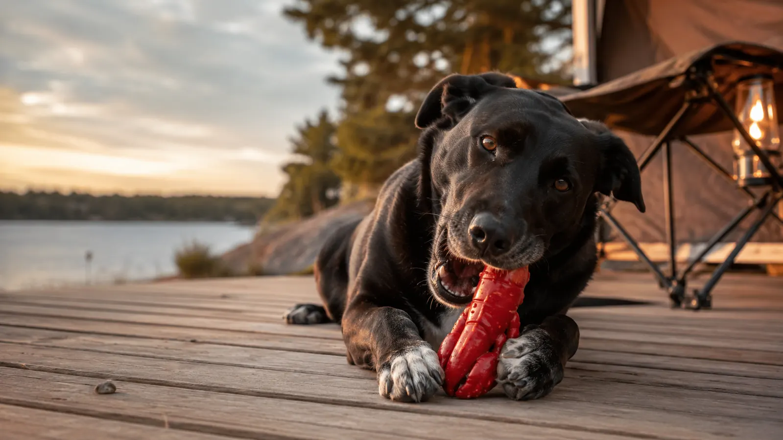 A black Labrador mix lying on a camp deck, gripping a red lobster-shaped nylon chew toy in its jaws