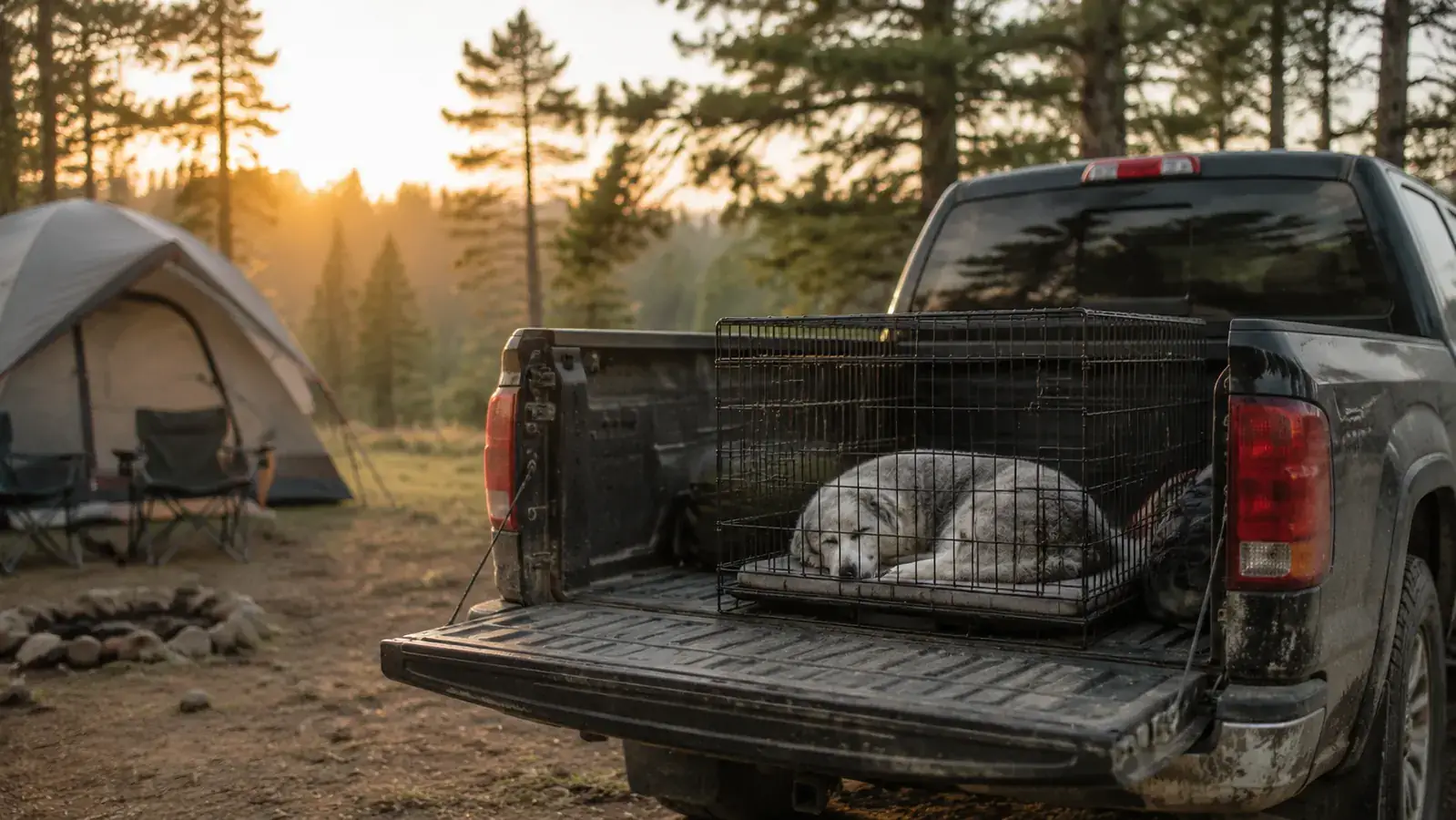 Folding wire dog crate sitting in a pickup truck bed at a forest camp at first light, a gray and white setter sleeping inside
