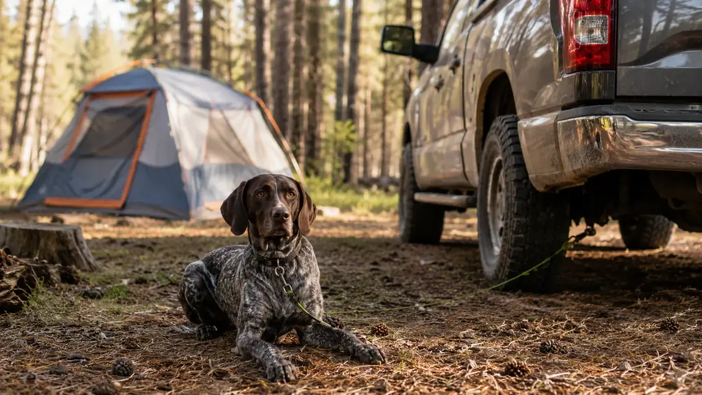 A hunting dog resting on a tie-out cable beside a pickup at a forest campsite in soft morning light