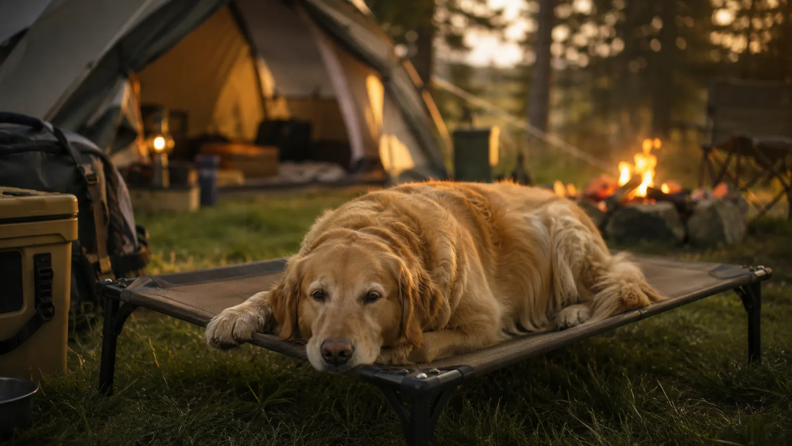 A tired retriever lying on a mesh elevated dog bed at a grassy campsite at dusk, tent and campfire in the background