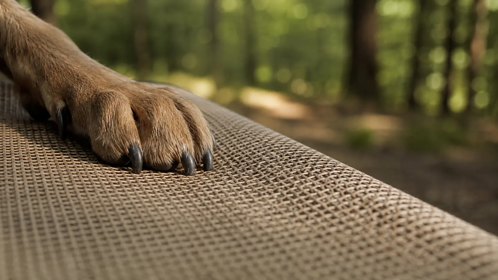 Close-up of the nutmeg mesh weave of the elevated dog bed with one dog paw resting on it, the open weave lit from the side against a forest backdrop.