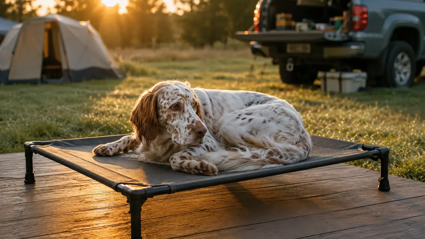 A 55-pound setter curled up on an elevated mesh dog bed set on a camp deck at golden hour, with a tent and truck tailgate softly out of focus behind.