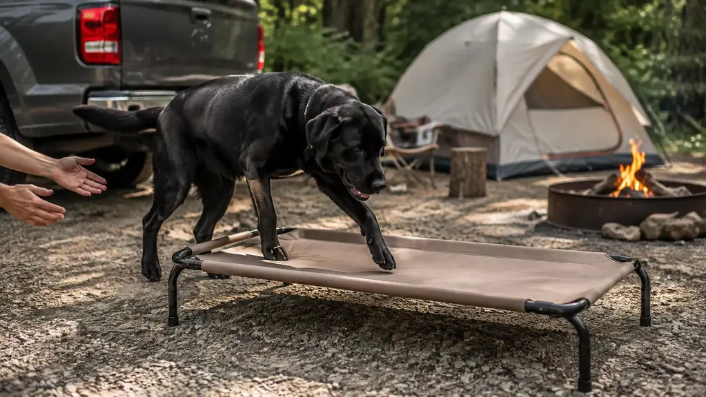 Labrador stepping up onto a nutmeg elevated mesh dog bed placed on gravel beside a pickup truck at a campsite