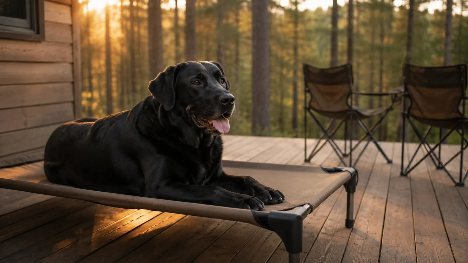 Black Labrador resting on a nutmeg elevated mesh dog bed on a wooden cabin deck at dusk, pine forest behind