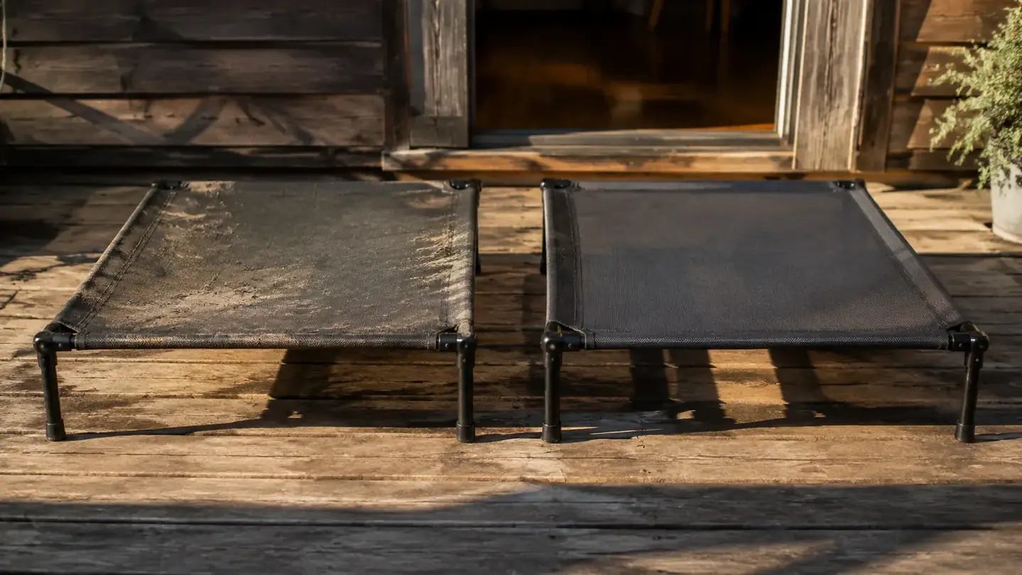 Two elevated mesh dog cots side by side on a wooden deck in morning sun, one speckled with dried mud and one clean