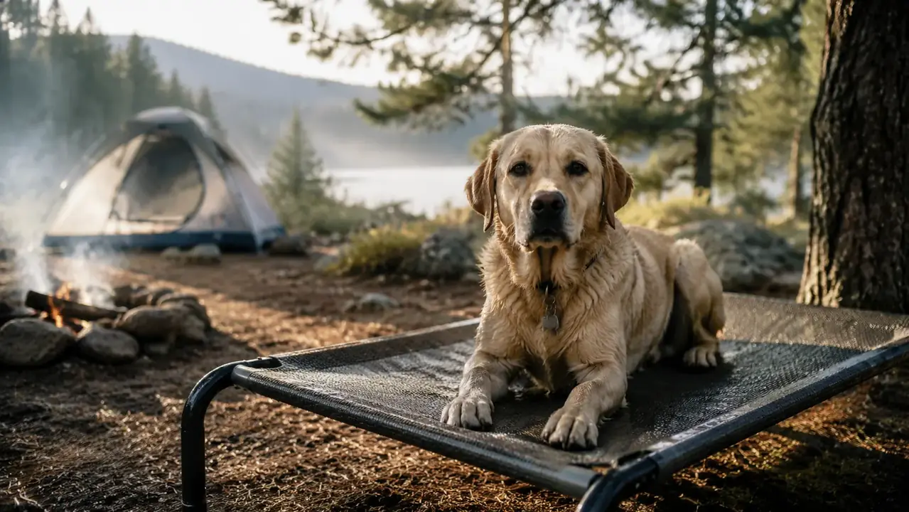 Yellow Labrador lying on an elevated mesh dog bed at a pine-forest campsite in soft morning light, tent and fire ring behind