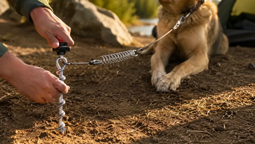 Close view of a spiral ground anchor screwed into dry soil with a steel cable and shock spring attached, a dog's legs visible in the background
