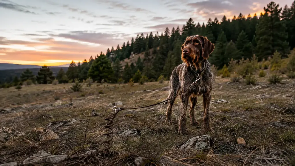 A wire-haired hunting dog standing at the end of a long tie-out cable in a clearing at dusk, pine trees behind it, soft last light