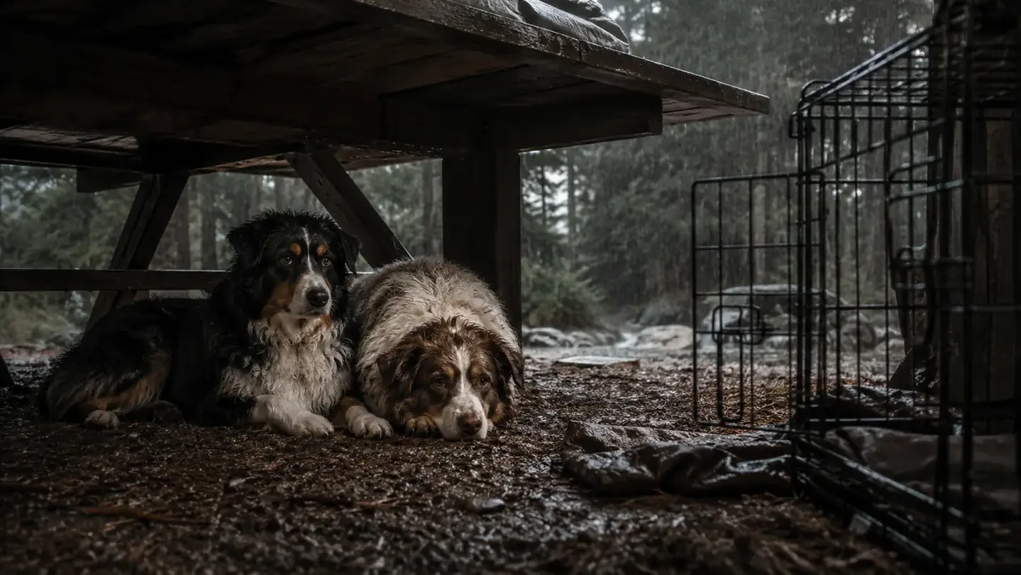 Two wet dogs lying together in the dry dirt under a picnic table edge while rain falls beyond and a wire crate sits with its door open