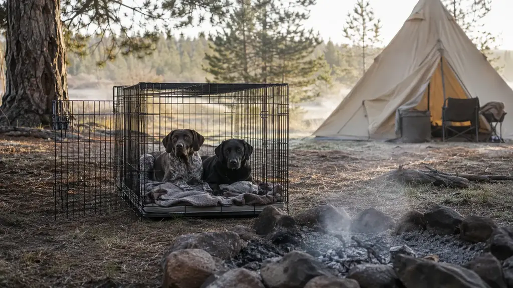 Two hunting dogs resting inside an open wire crate beside a campfire ring on a misty morning with a tent behind them