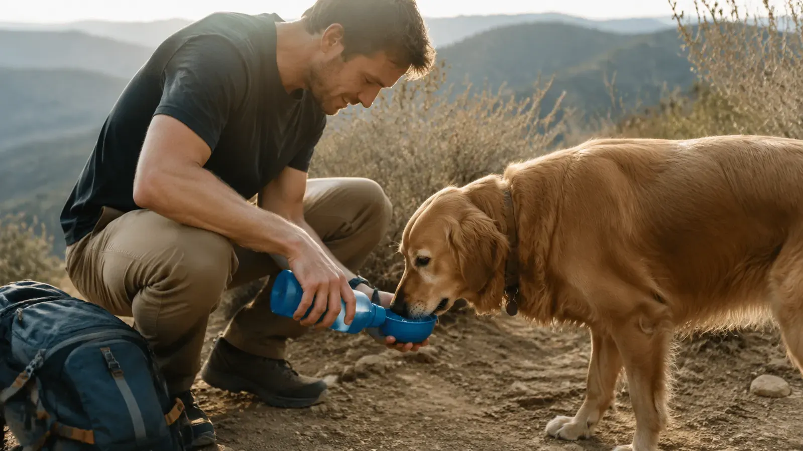 A man kneeling on a rocky trail pouring water from a blue portable dog bottle into its attached bowl cap while a golden retriever drinks