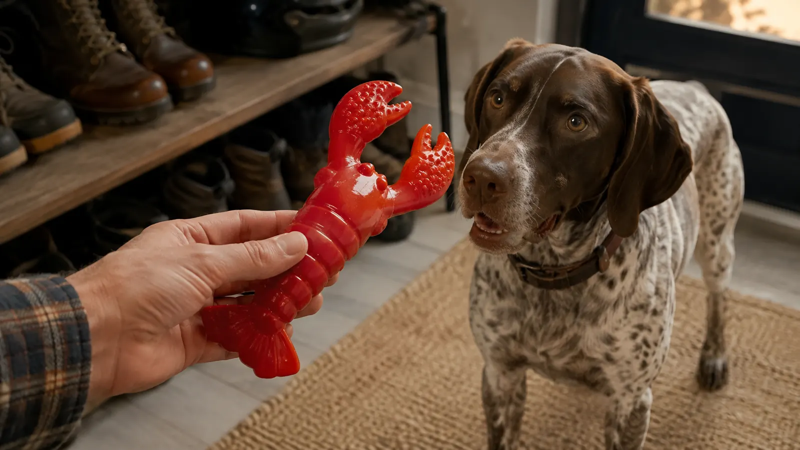 A hand offering a large red nylon lobster chew toy to a dog while a pair of leather work boots sits on a shelf nearby