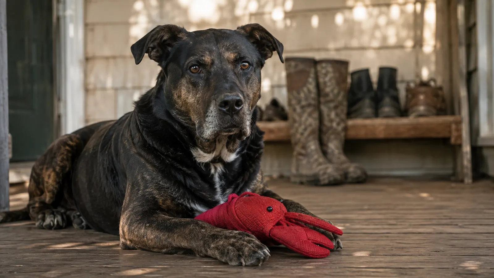 A 62-pound lab mix lying on a porch with a large red nylon lobster chew toy between his front paws, morning light