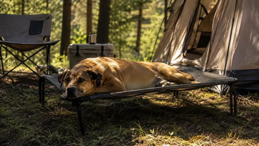 A 70-pound lab mix lying stretched out on an elevated mesh dog bed set beside a canvas tent at a pine campsite on a warm afternoon.