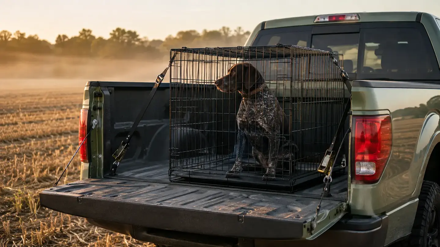 A gray wire dog crate strapped in the bed of a pickup truck at sunrise, a German Shorthaired Pointer sitting calm inside and looking forward through the door.