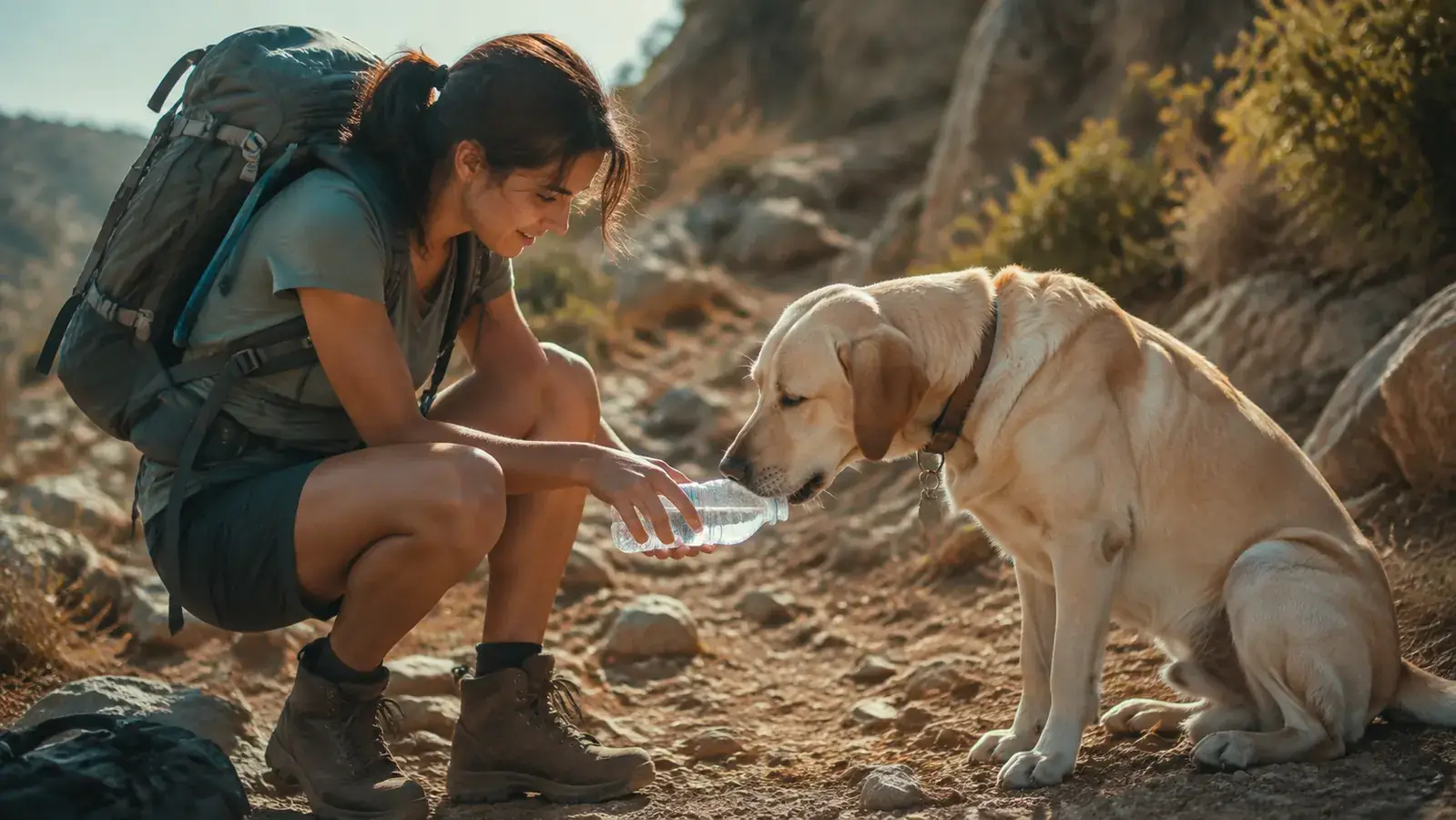 A lab retriever drinking from a portable bottle while a hiker kneels on a rocky trail in late morning light