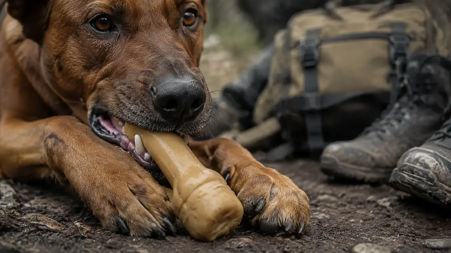 A dog's jaw clamped on a nylon chew toy with a worn, slightly rough groove forming on the plastic surface as grit on a trail pack sits beside them