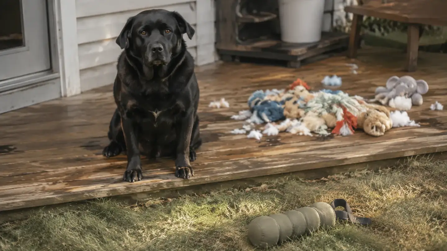 A heavy-chewing lab sits on a porch beside a mat covered in the remains of destroyed toys, one intact nylon chew toy in the grass nearby
