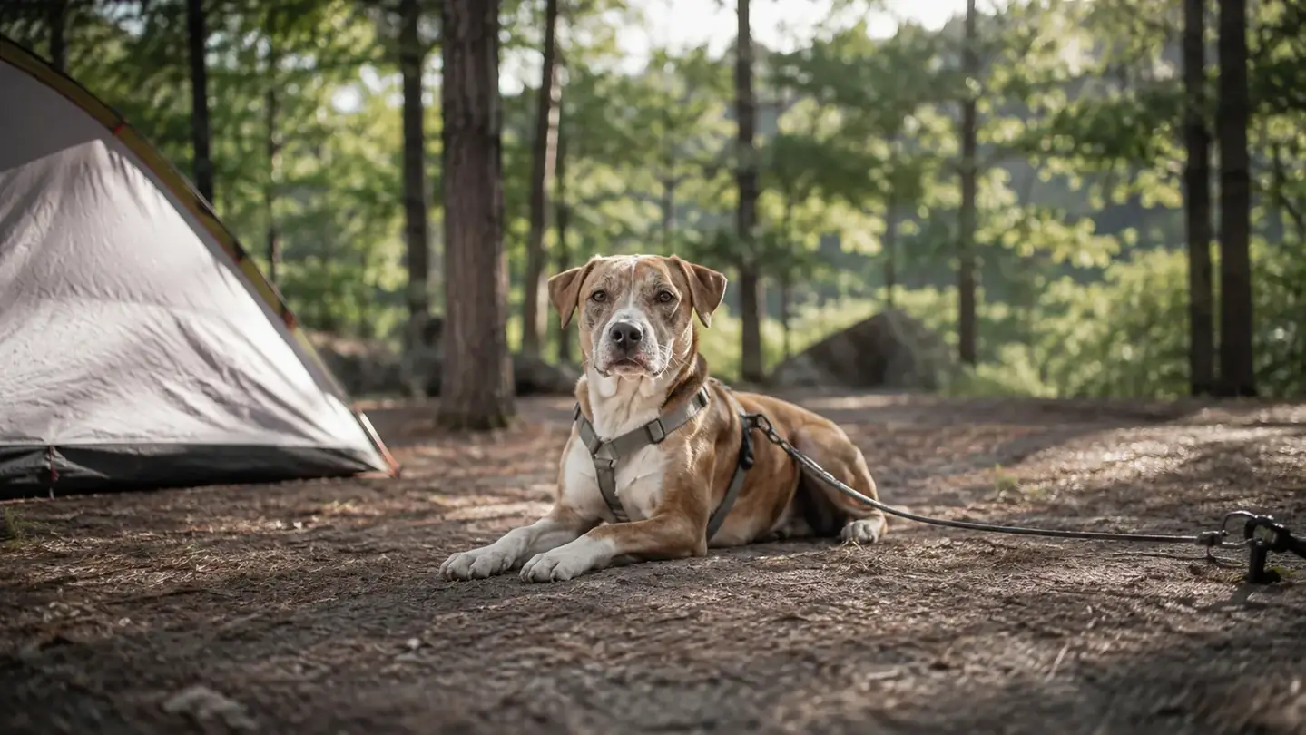A dog in a flat harness clipped to a tie-out line, lying down calmly within the cable's radius at a campsite