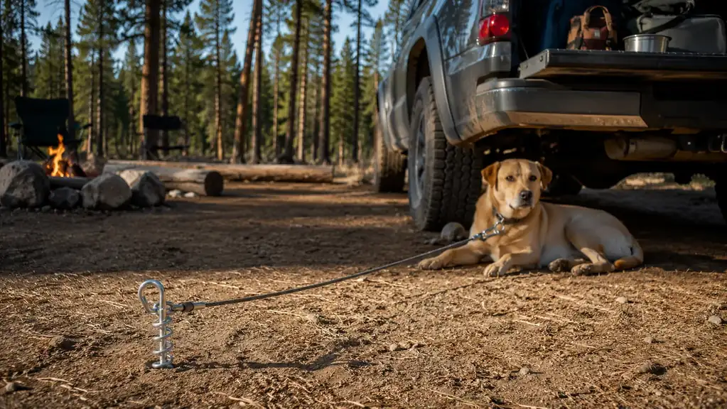 A spiral ground stake driven into hard-packed dirt beside a camp chair, cable running out to a relaxed dog lying in the shade of a truck