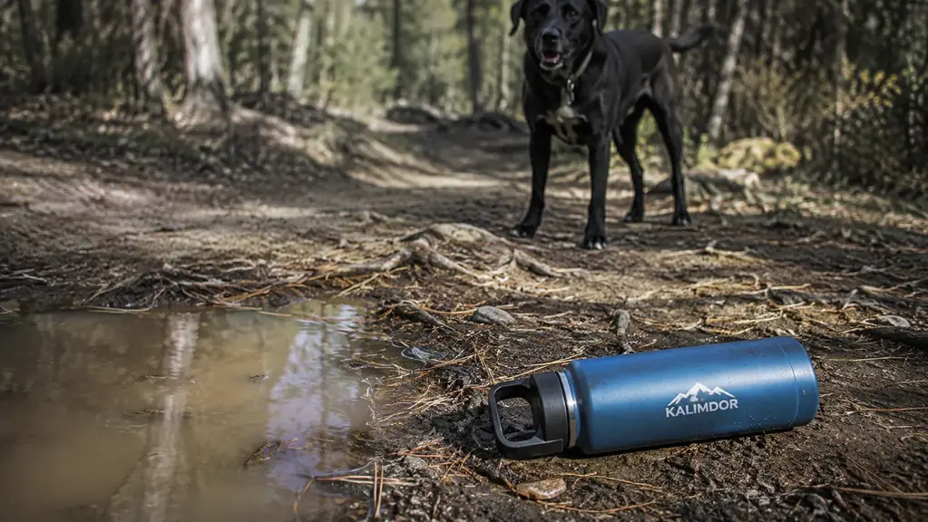 blue Kalimdor dog water bottle lying on its side on a dry rocky trail beside a clearly muddy puddle, a black Lab sniffing in the distance