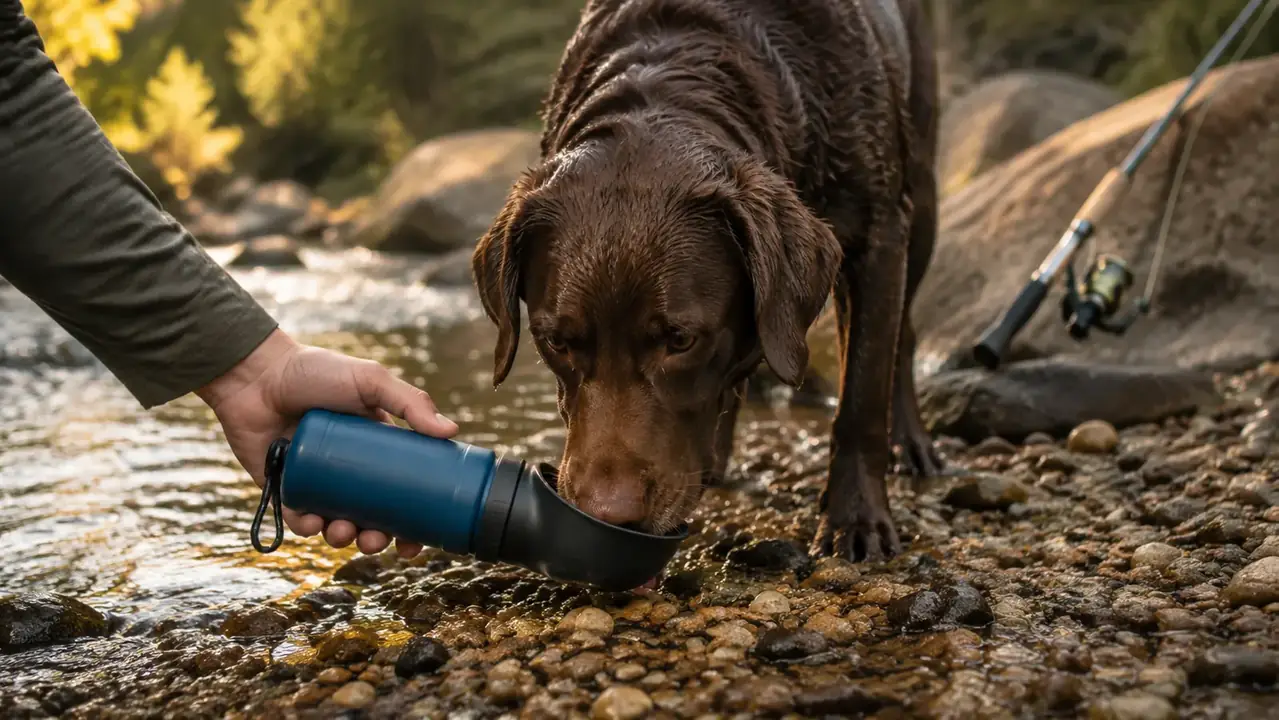 hand tilting the blue Kalimdor bottle low while a chocolate Lab cross drinks from the trough on a gravel stream bank