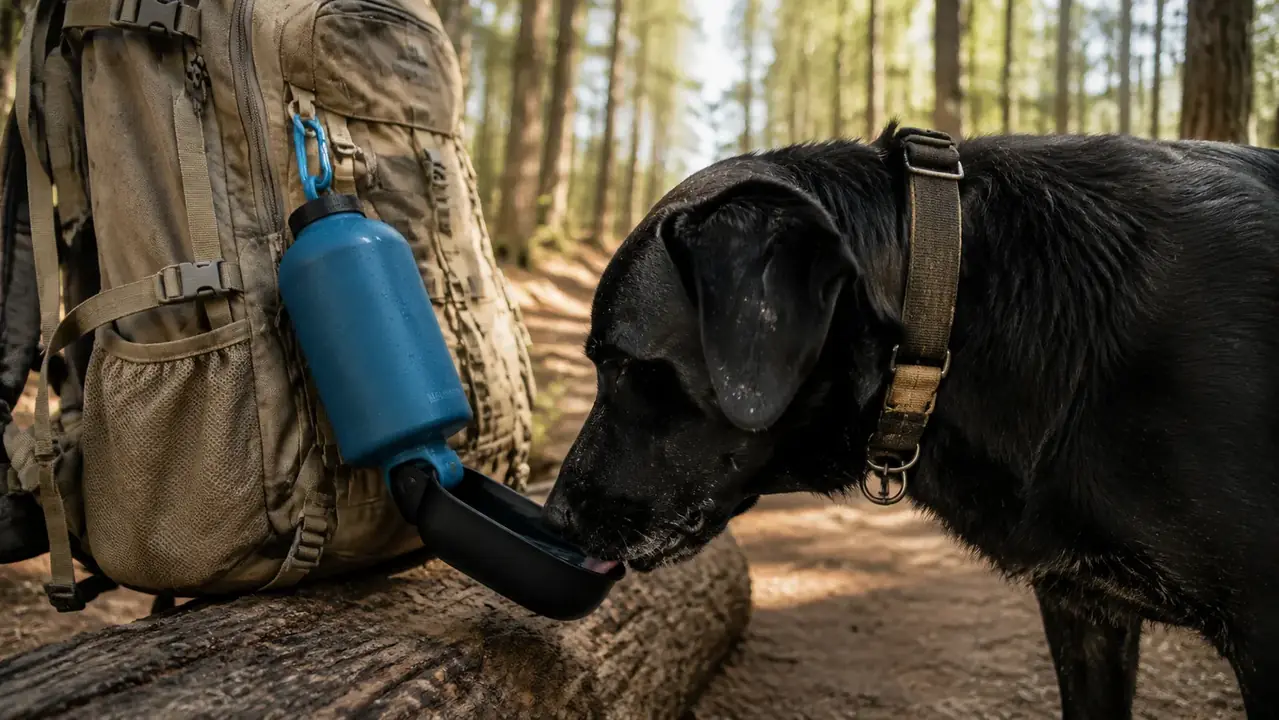 blue Kalimdor dog water bottle clipped to a hiking pack at a trailhead, a black Lab drinking from its trough