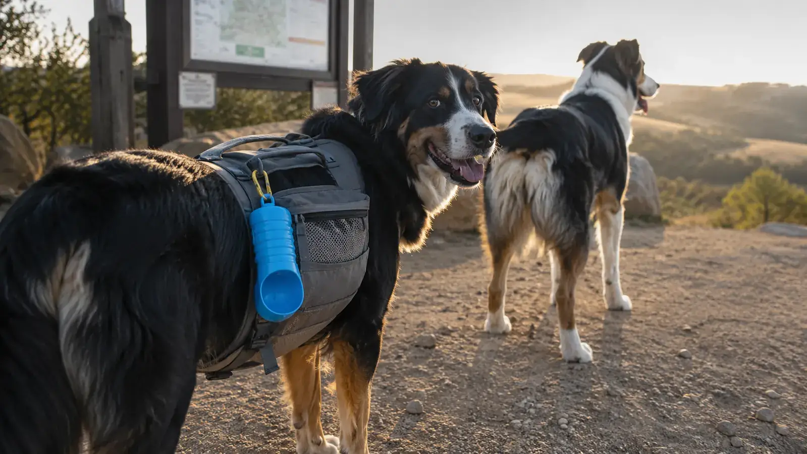 Two dogs standing at a dusty trailhead at golden hour, one wearing a pack with a blue water bottle clipped on