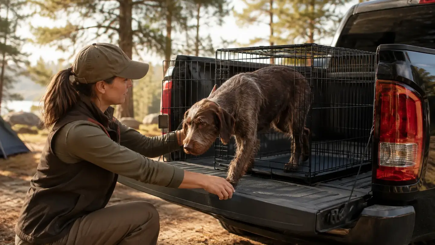Hunting dog stepping into the open 42-inch single-door wire crate in a truck bed while the owner crouches beside it steadying the door