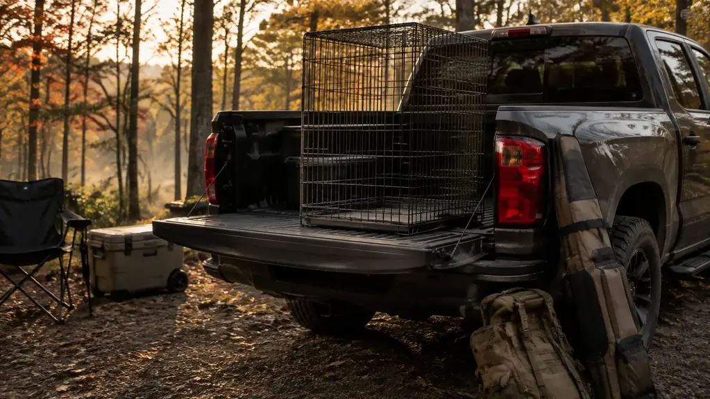 Single-door wire dog crate standing upright in the bed of a pickup truck at a fall campsite in golden morning light