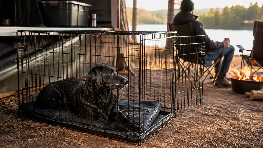 wet black Lab lying on a folded blanket inside an open Midwest iCrate at camp with a campfire in the background