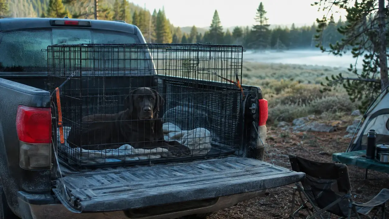 42-inch black wire dog crate latched in the bed of a pickup truck at dawn, a large black Lab resting inside
