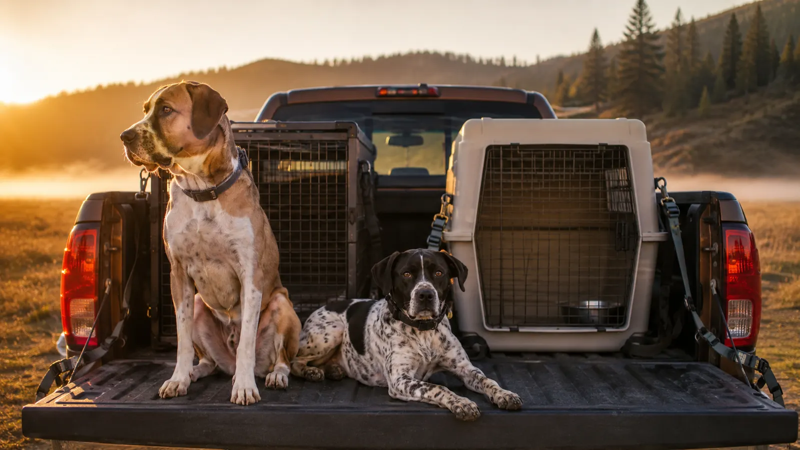 Wire folding crate and hard plastic kennel strapped side by side in a truck bed at a misty campsite at golden hour
