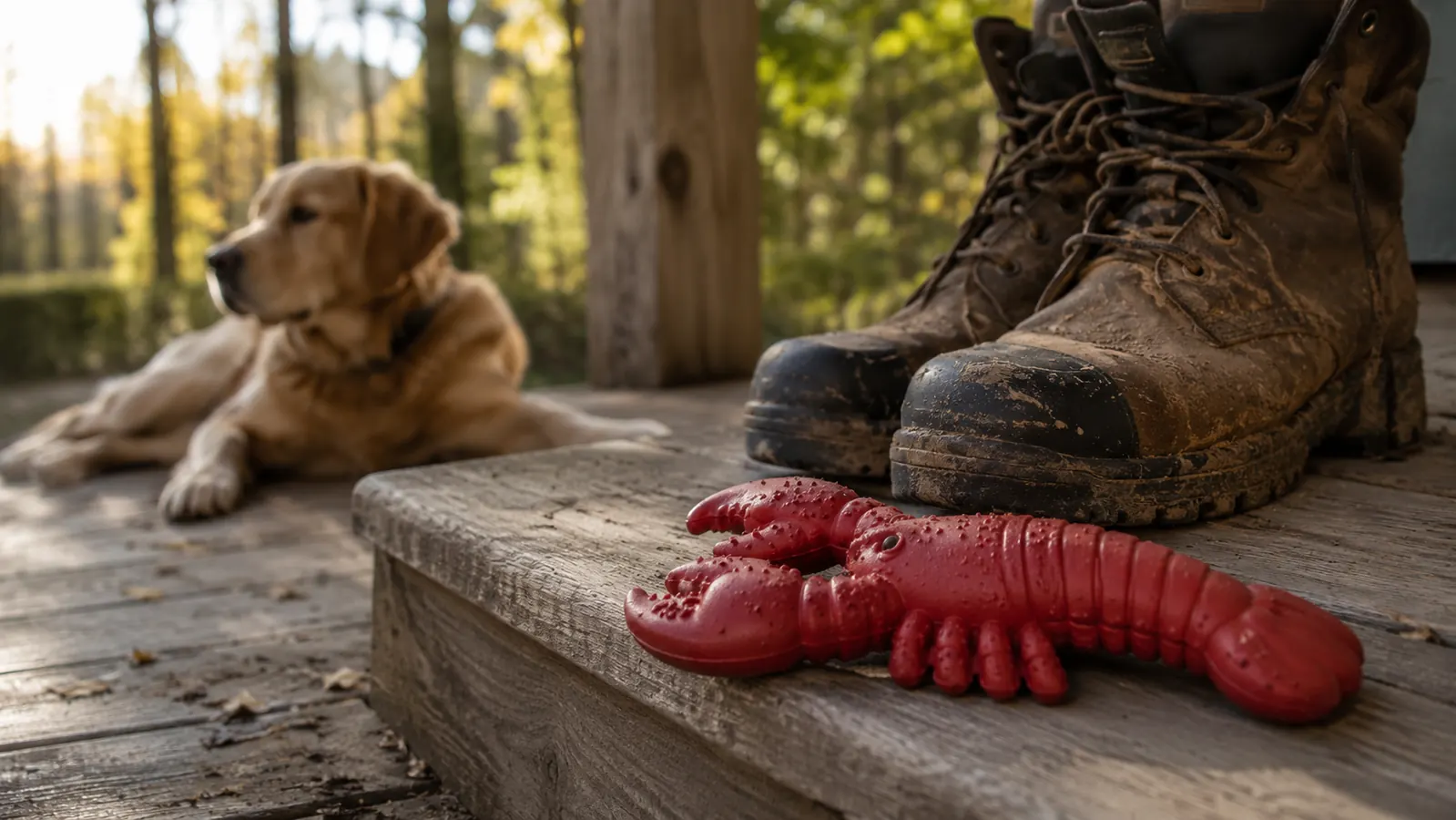 A worn red lobster-shaped Nylabone Power Chew lying on a porch step beside a pair of muddy boots, a dog out of focus chewing in the background