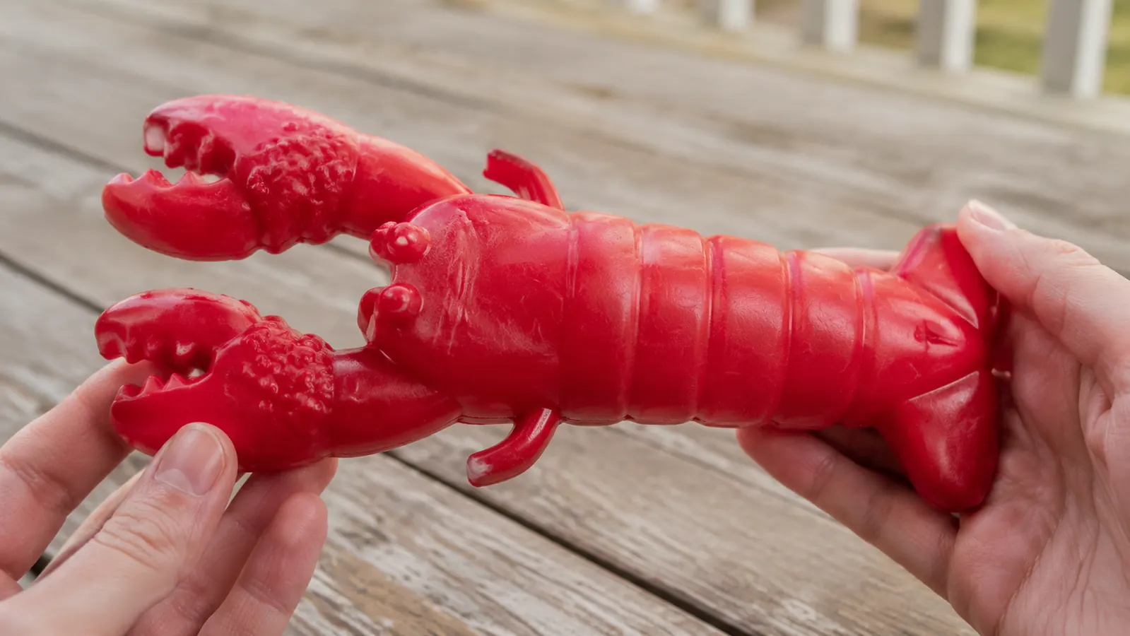 Close-up of the red Nylabone lobster power chew toy with shallow tooth marks along the tail, resting on a porch plank