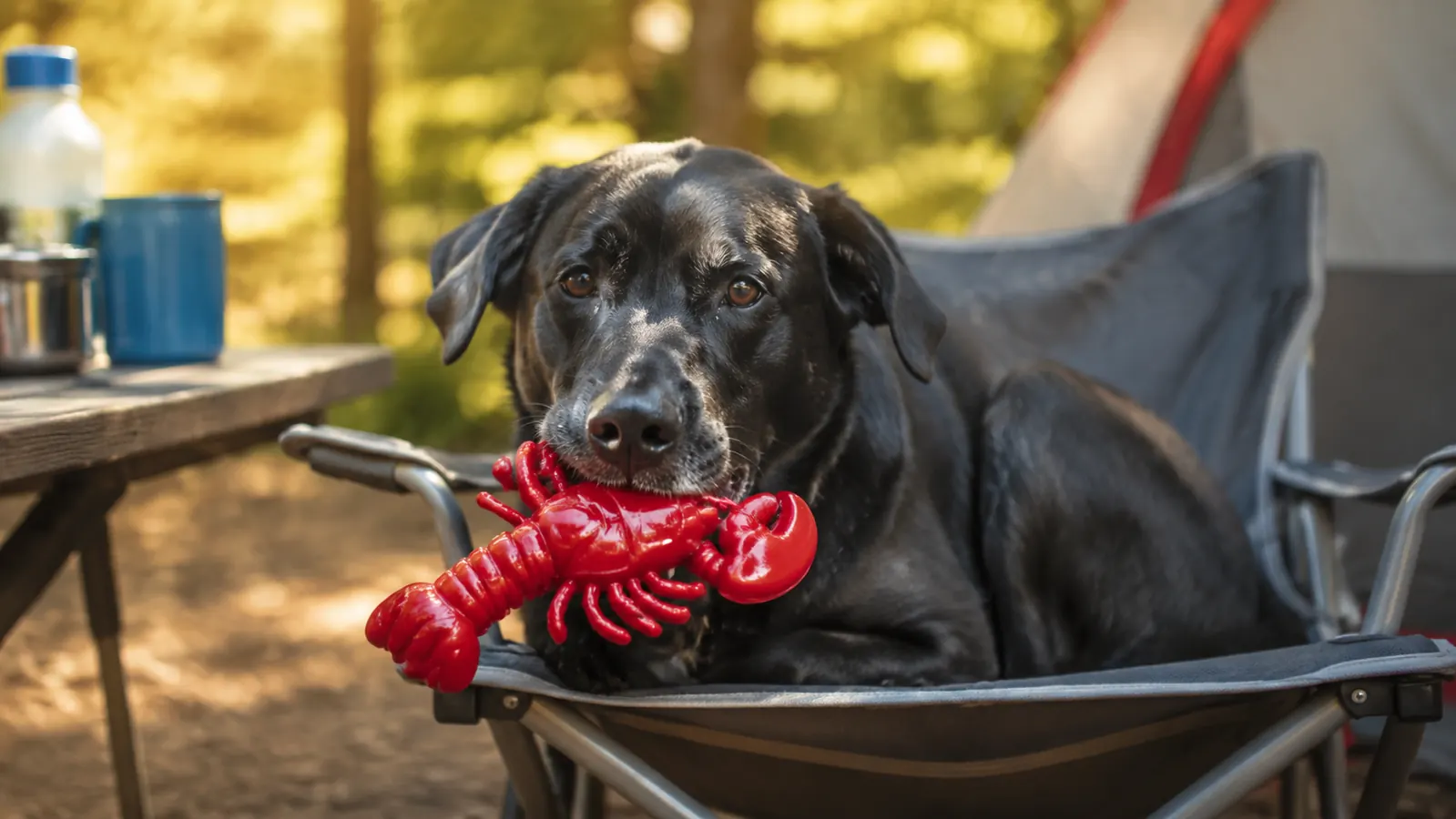 A black lab mix lying in a camp chair at a campsite, calmly working on a bright red lobster-shaped nylon chew toy at golden hour