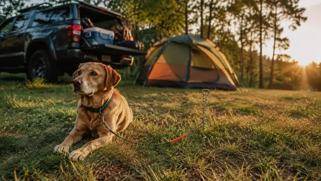 A brown and white hunting dog tied out on a grassy campsite at golden hour, the spiral stake and cable visible in the foreground