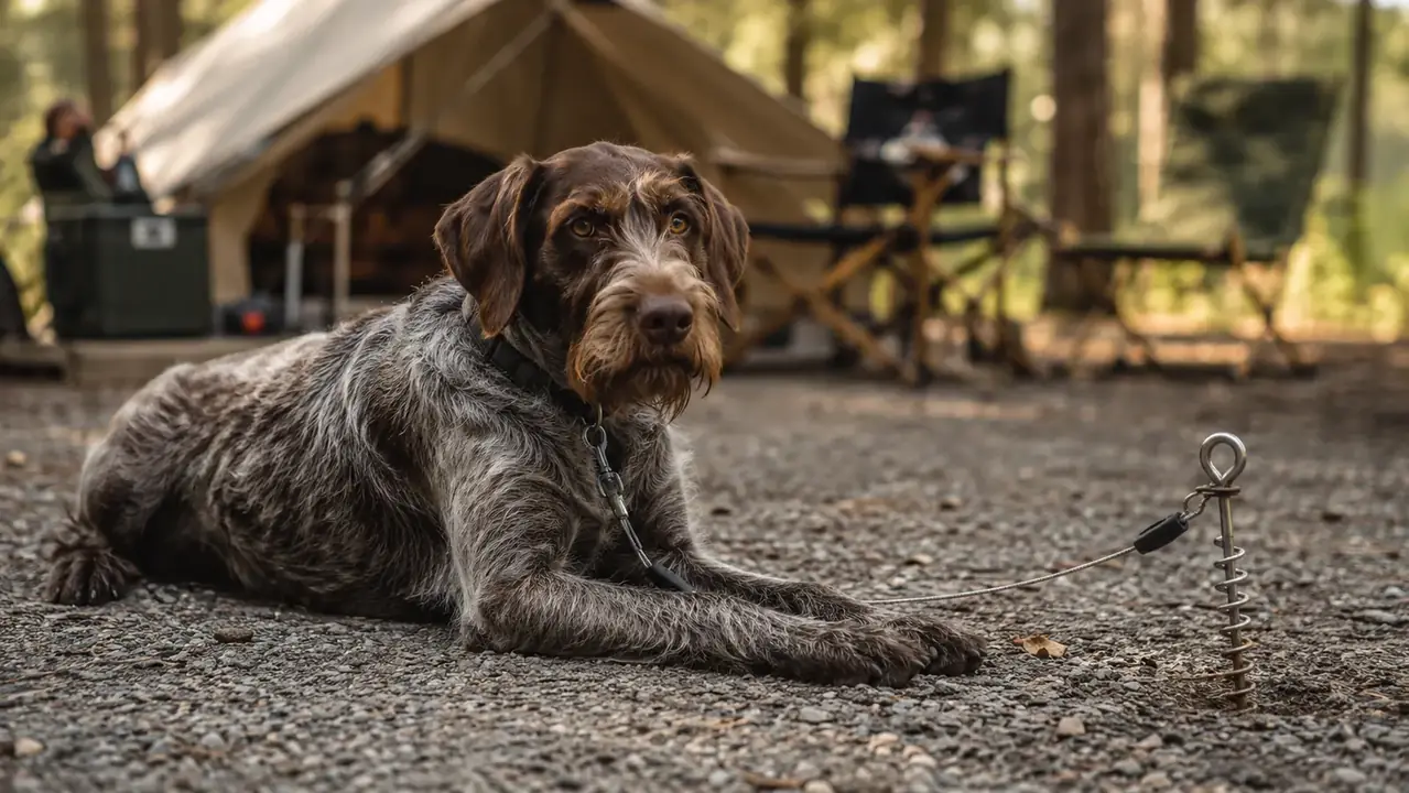 A wirehaired pointer dog resting on a gravel patch at a campsite, tethered to a spiral stake a few feet away, late afternoon light