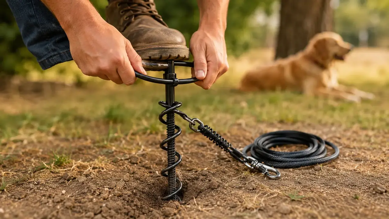 A hand driving the Petbobi spiral stake into the ground with a boot near the top ring