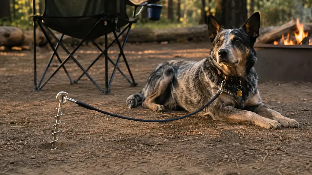A spiral ground stake driven into packed campsite dirt beside a dog crate and camp chair