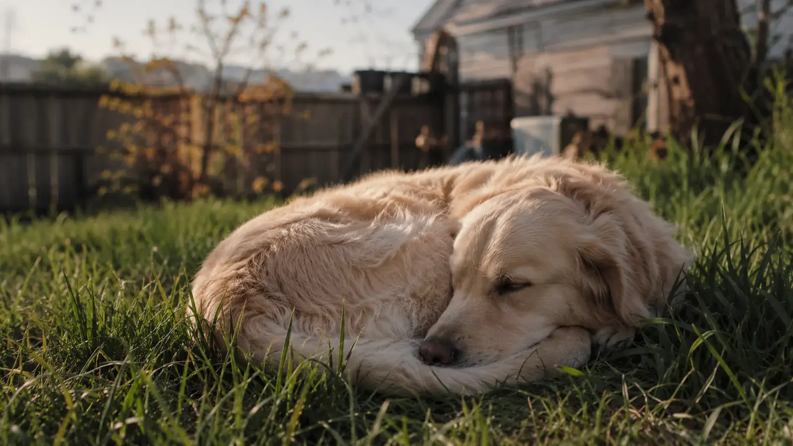 A sandy retriever napping in late-afternoon grass in a yard, with the sun low behind a fence line